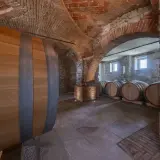 Cantina della tenuta Bussia con botti di legno e soffitto a volta in mattoni.