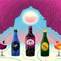 Tre bottiglie di vino e due calici, uno con luna e l'altro con sole. Un'illustrazione surreale che evoca il mistero del gambero rosso cos'è.