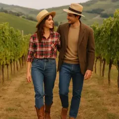 Coppia con cappelli di paglia passeggia tra i filari di vite, perfetta per un outfit aperitivo in vigna.