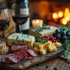 Tagliere con salumi, formaggi, uva e pane, perfetto per i barolo abbinamenti. Un bicchiere di vino rosso e il fuoco creano un'atmosfera calda.