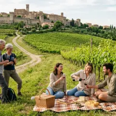 Picnic tra vigneti nel Lazio, con un borgo medievale sullo sfondo. Due coppie si godono vino e cibo, un'esperienza da "cantine aperte".