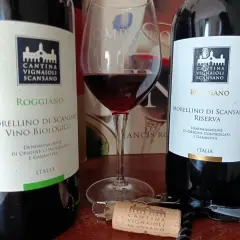 Due bottiglie di Morellino di Scansano e un calice di vino rosso, pronti per celebrare il santo del vino.