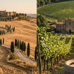 Paesaggio toscano con vigneti del Chianti, un borgo storico e un calice di vino rosso su una botte.
