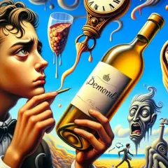 Un ragazzo con un'espressione pensierosa tiene una bottiglia di vino, circondato da elementi surreali e orologi che evocano un senso di "vintage significato" e tempo che scorre.