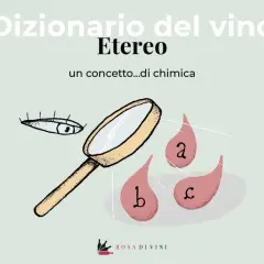 Un occhio osserva con lente d'ingrandimento gocce con lettere, esplorando l'etereo significato di un concetto chimico nel dizionario del vino.