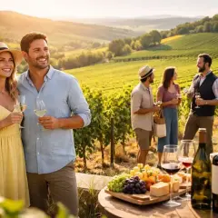 Coppia felice brinda in un vigneto al tramonto, con amici che chiacchierano sullo sfondo. Un tavolo offre formaggi e vino, evocando l'atmosfera di **cottanera**.
