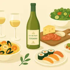 Un tavolino con risotto ai frutti di mare, sushi, insalata, salumi, formaggi e una bottiglia di Lugana. Perfetti abbinamenti per una cena.