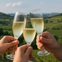 Brindisi con bollicine per un aperitivo in vigna nell'Oltrepò Pavese, tra dolci colline verdi.
