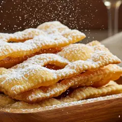Un piatto di chiacchiere cosparse di zucchero a velo, pronte per essere gustate con un buon bicchiere di vino.