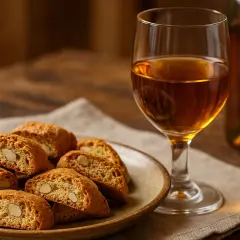 Cantucci e vino: un bicchiere ambrato e biscotti croccanti alle mandorle su un piatto, pronti per essere inzuppati.