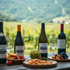Bottiglie di vino e stuzzichini su un tavolo in vigneto, perfetti per scoprire i refosco abbinamenti.