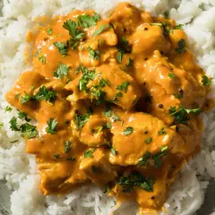 Pollo al curry cremoso su riso bianco, guarnito con prezzemolo fresco. Un vino da abbinare al pollo al curry? Un Gewürztraminer o un Riesling.