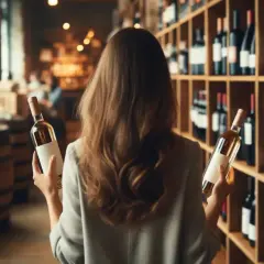 Donna sceglie tra due bottiglie di vino in una cantina. Scaffali pieni di bottiglie e botti sullo sfondo.