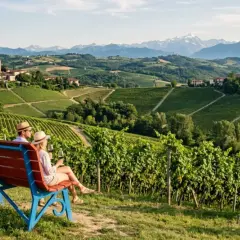 Coppia su una panchina ammira il panorama delle Langhe, un perfetto tour enogastronomico tra vigneti e borghi storici.
