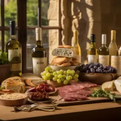 Un ricco aperitivo in vigna in Campania: bottiglie di vino, pane fresco, salumi, formaggi, uva e verdure su un tavolo di legno.