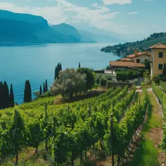 Vigneti rigogliosi con vista sul lago azzurro e montagne. Ideale per una degustazione vini Marche in un contesto da sogno.