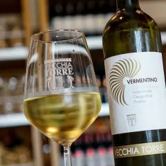 Calice di Vermentino Salento Bianco, perfetto per scoprire i suoi abbinamenti con pesce e crostacei.