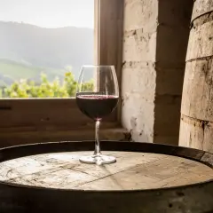Calice di vino rosso su una barrique, con vista su vigneti dalla finestra.