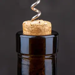 Un cavatappi d'argento è conficcato in un tappo di sughero, pronto ad aprire una bottiglia di vino. Il tappo sa di tappo, promettendo un buon aroma.