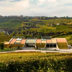 Cantina moderna immersa tra le colline vitate delle Langhe, un paesaggio che evoca la qualità dei vini di Domenico Clerico.