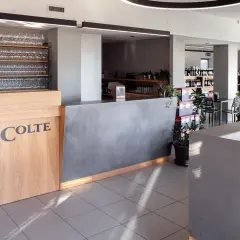 Interno di un negozio di vini con bancone in legno e cemento, scaffali pieni di bottiglie e tavoli pronti per accogliere i clienti. Il logo "Vite Colte" è ben visibile.
