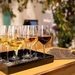 Calici di vino bianco, rosato e rosso su un vassoio nero. Un'esperienza di degustazione che non è barricata, ma aperta a tutti i sapori.