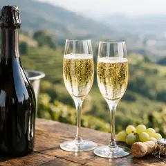 Due calici di spumante millesimato, con una bottiglia in secchiello e grappoli d'uva, su un tavolo di legno con sfondo di colline verdi.