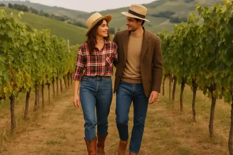 Coppia con cappelli di paglia passeggia tra i filari di vite, perfetta per un outfit aperitivo in vigna.