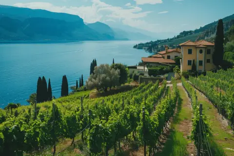 Vigneti rigogliosi con vista sul lago azzurro e montagne. Ideale per una degustazione vini Marche in un contesto da sogno.
