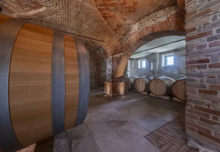 Cantina della tenuta Bussia con botti di legno e soffitto a volta in mattoni.