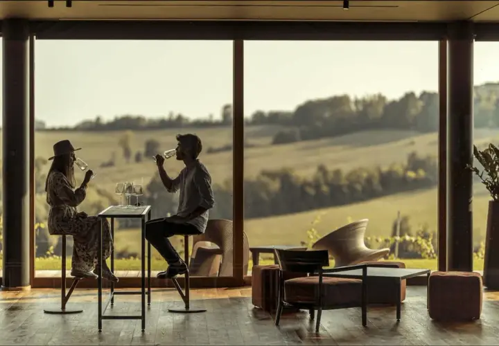 Coppia degusta vino in un'elegante sala con vista sulle colline. Un'esperienza di cantine con pernottamento in Piemonte.