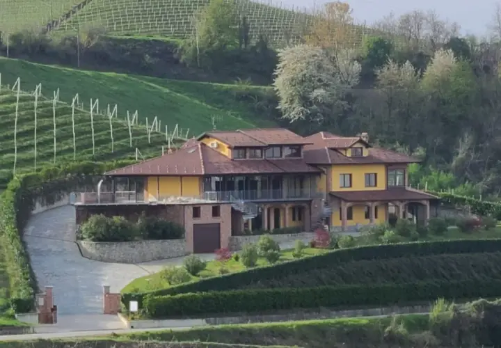 Villa gialla con tetto in tegole rosse, circondata da vigneti e alberi in fiore. Un viale conduce all'ingresso, ricordando un antico bricco maiolica.