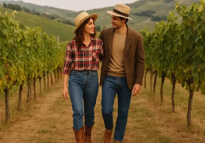 Coppia con cappelli di paglia passeggia tra i filari di vite, perfetta per un outfit aperitivo in vigna.