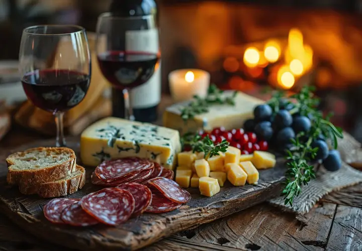 Tagliere con salumi, formaggi, uva e pane, perfetto per i barolo abbinamenti. Un bicchiere di vino rosso e il fuoco creano un'atmosfera calda.