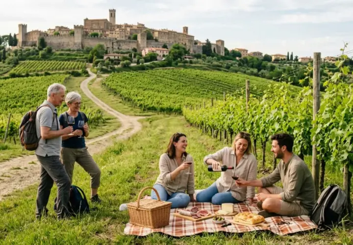 Picnic tra vigneti nel Lazio, con un borgo medievale sullo sfondo. Due coppie si godono vino e cibo, un'esperienza da "cantine aperte".