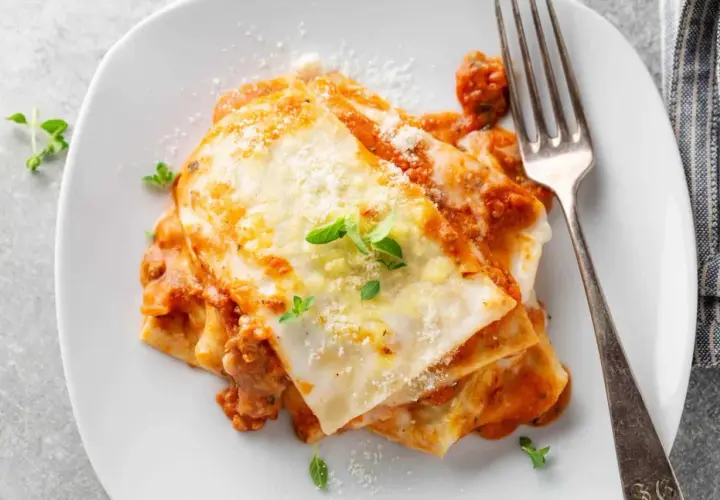 Porzione di lasagne al ragù, ricca e fumante, con besciamella e parmigiano. Perfetta con un buon vino per lasagne.