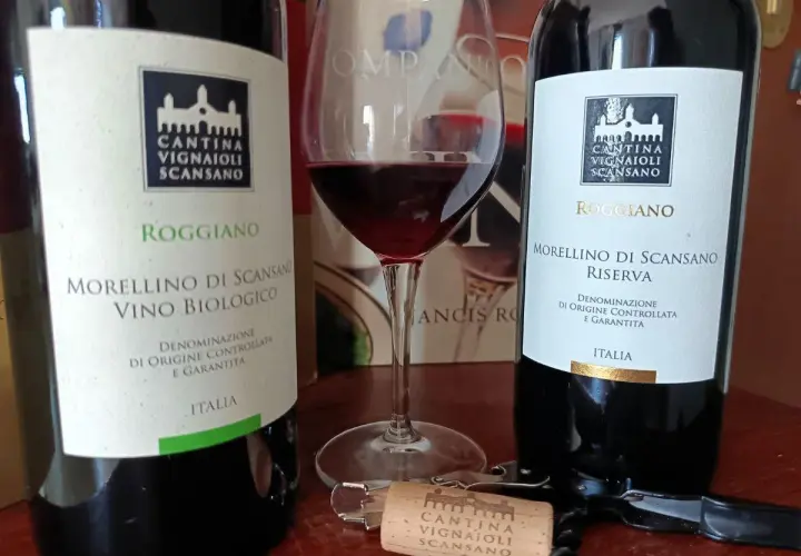 Due bottiglie di Morellino di Scansano e un calice di vino rosso, pronti per celebrare il santo del vino.