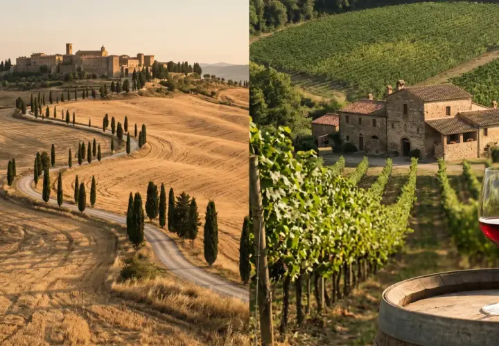 Paesaggio toscano con vigneti del Chianti, un borgo storico e un calice di vino rosso su una botte.