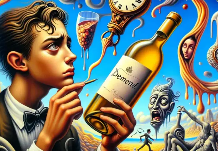 Un ragazzo con un'espressione pensierosa tiene una bottiglia di vino, circondato da elementi surreali e orologi che evocano un senso di "vintage significato" e tempo che scorre.