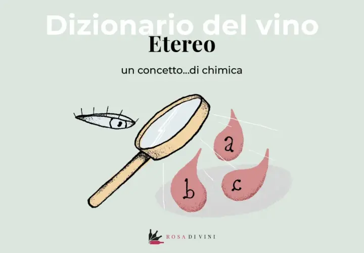 Un occhio osserva con lente d'ingrandimento gocce con lettere, esplorando l'etereo significato di un concetto chimico nel dizionario del vino.