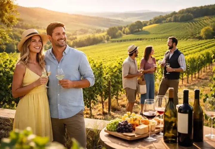 Coppia felice brinda in un vigneto al tramonto, con amici che chiacchierano sullo sfondo. Un tavolo offre formaggi e vino, evocando l'atmosfera di **cottanera**.
