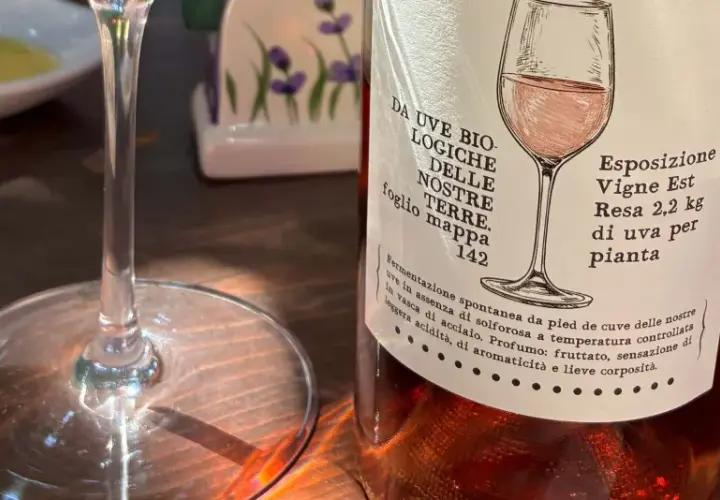 Calice vuoto e bottiglia di vino rosato, pronti per una degustazione vini Sicilia. L'etichetta descrive uve biologiche e note fruttate.