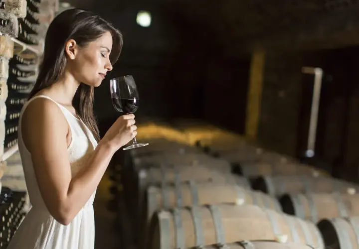 Donna in cantina assapora un bicchiere di vino rosso, un'esperienza che racchiude il vero degustazione significato.