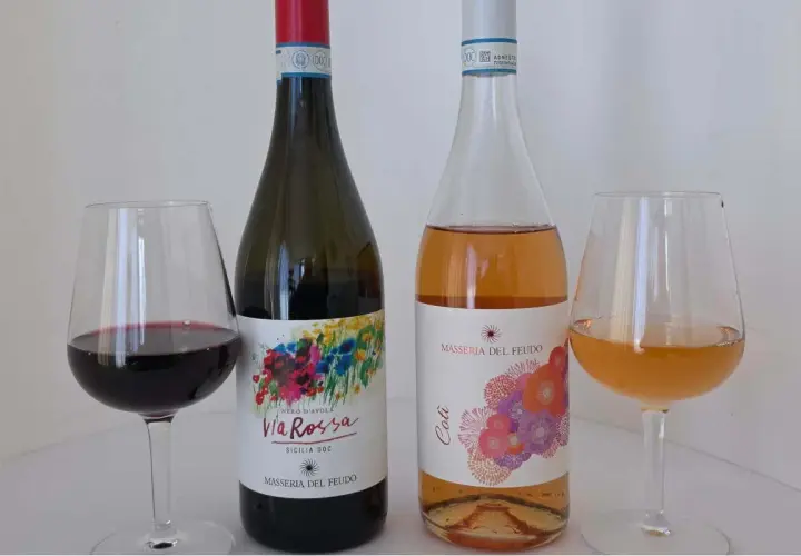 Due bottiglie di vino, una rossa e una rosata, con i loro calici. La **Masseria del Feudo** presenta le sue etichette colorate.