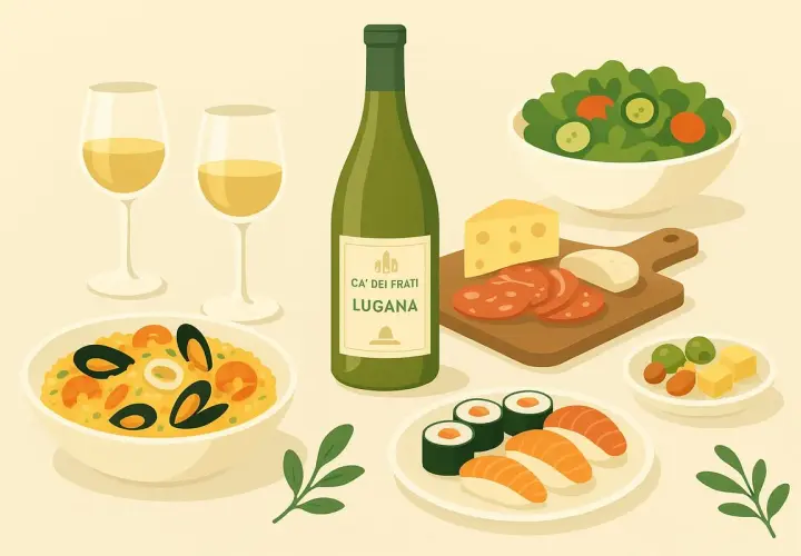 Un tavolino con risotto ai frutti di mare, sushi, insalata, salumi, formaggi e una bottiglia di Lugana. Perfetti abbinamenti per una cena.