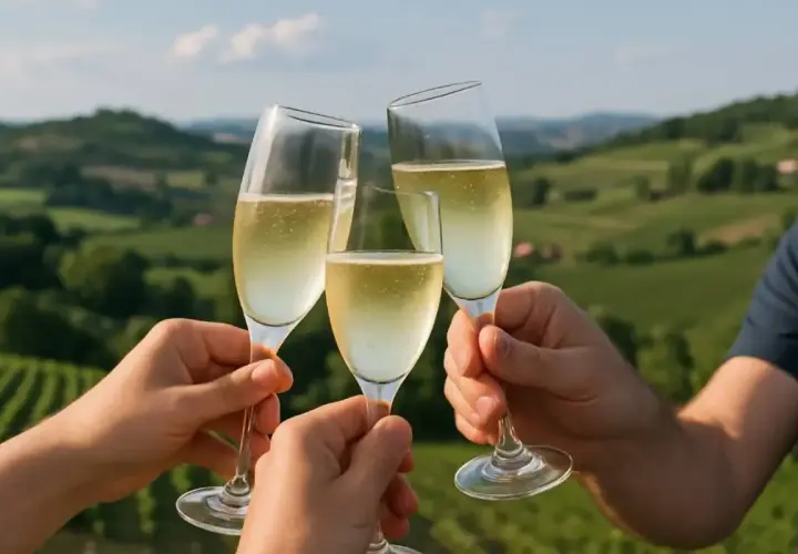 Brindisi con bollicine per un aperitivo in vigna nell'Oltrepò Pavese, tra dolci colline verdi.