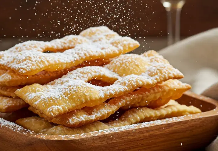 Un piatto di chiacchiere cosparse di zucchero a velo, pronte per essere gustate con un buon bicchiere di vino.