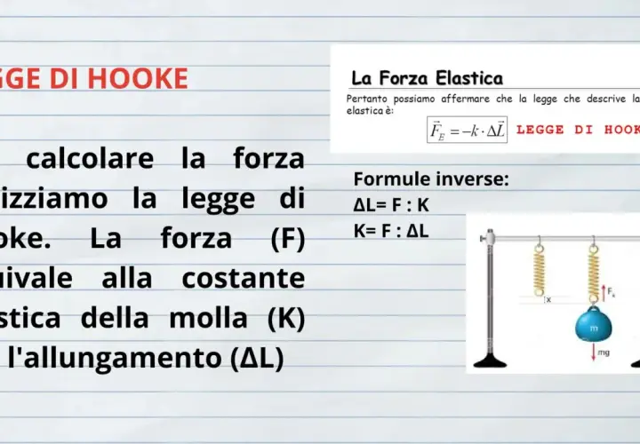 Diagram illustrating Hooke's Law with springs, weights, and formulas.