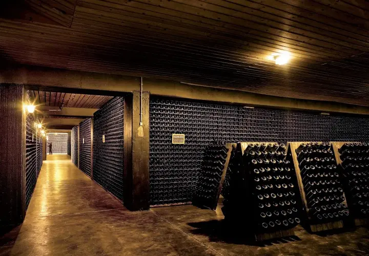 Corridoio di una cantina con migliaia di bottiglie. Un'esperienza indimenticabile per un tour cantine sicilia.