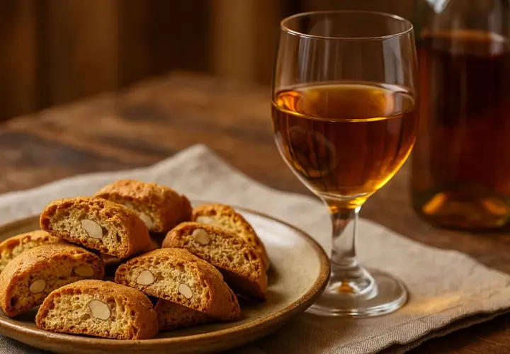 Cantucci e vino: un bicchiere ambrato e biscotti croccanti alle mandorle su un piatto, pronti per essere inzuppati.